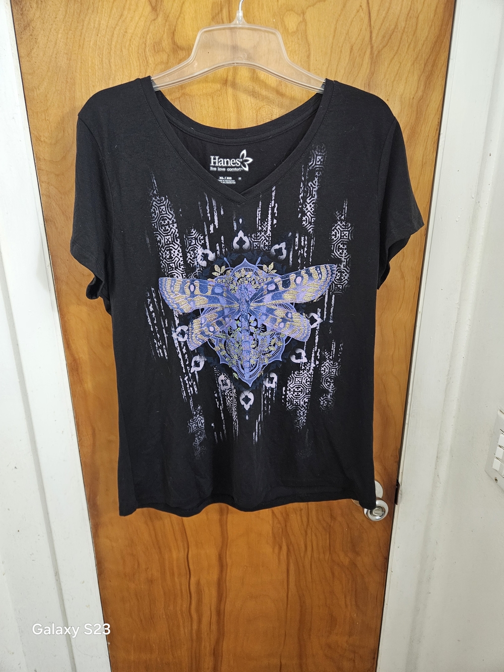 Hanes Black Short Sleeve V-Neck Tee with Blue & Purple Moth Graphic
